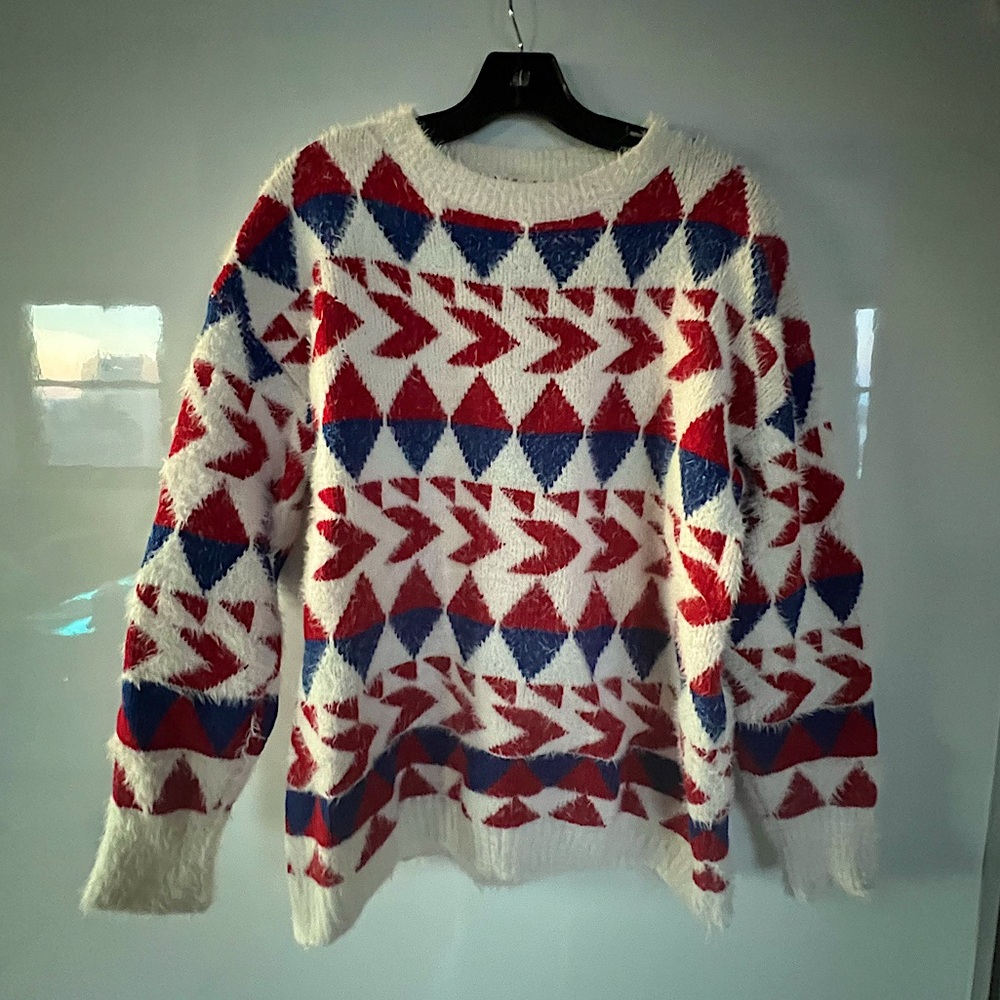 Fuzzy red blue white pattern fashion sweater